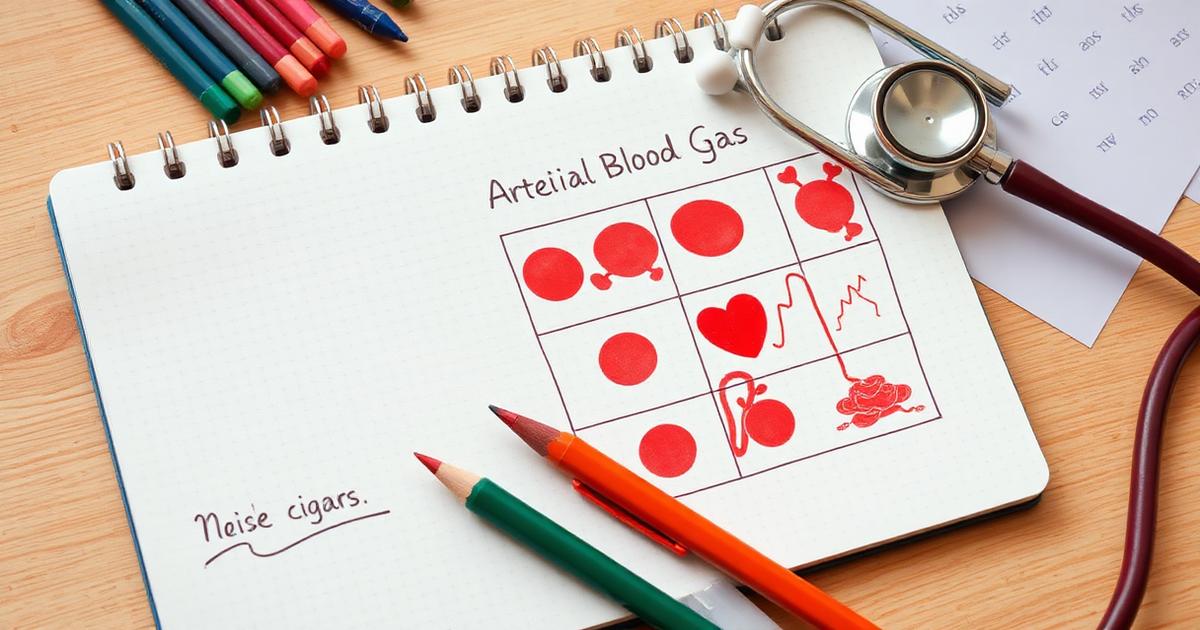 Nursing notebook showing the ABG tic-tac-toe interpretation grid with colored pens