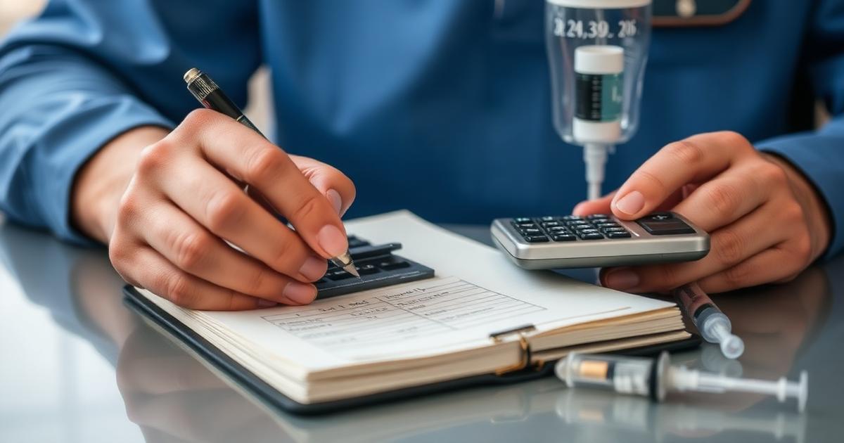 Nursing student working dosage calculation problems with a calculator, IV bag and syringe