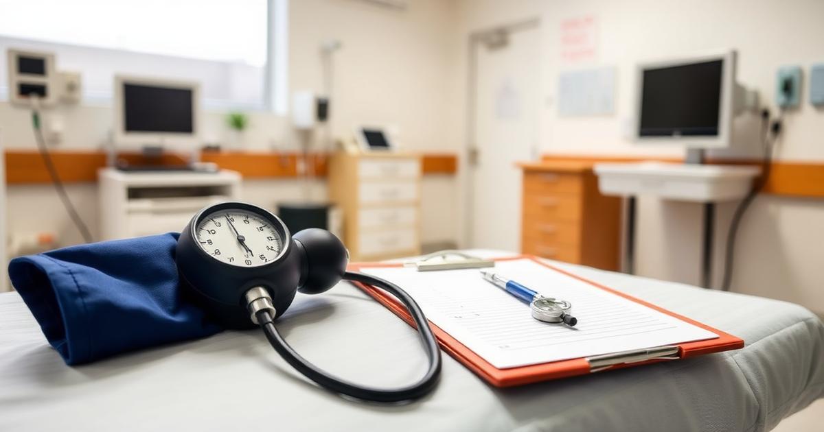 Blood pressure cuff, stethoscope and clipboard on a hospital bed in a nursing fundamentals skills lab