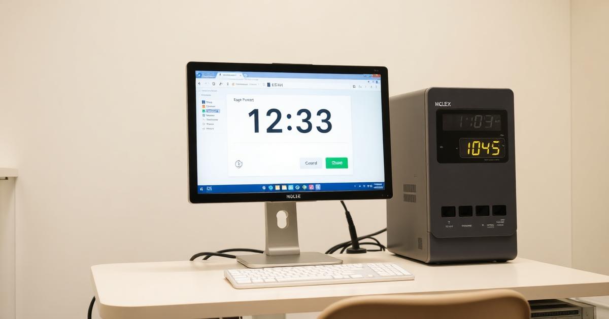 Testing center computer with countdown timer showing NCLEX-RN exam in progress