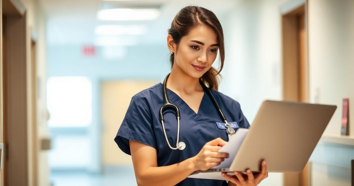Nursing student in navy scrubs studying for the 2026 NCLEX-RN on a laptop
