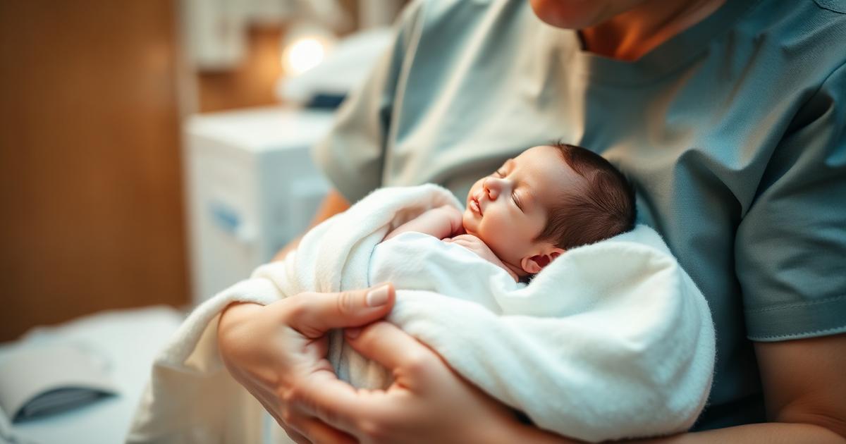 Maternal-newborn nurse cradling a swaddled newborn baby in a warm delivery room