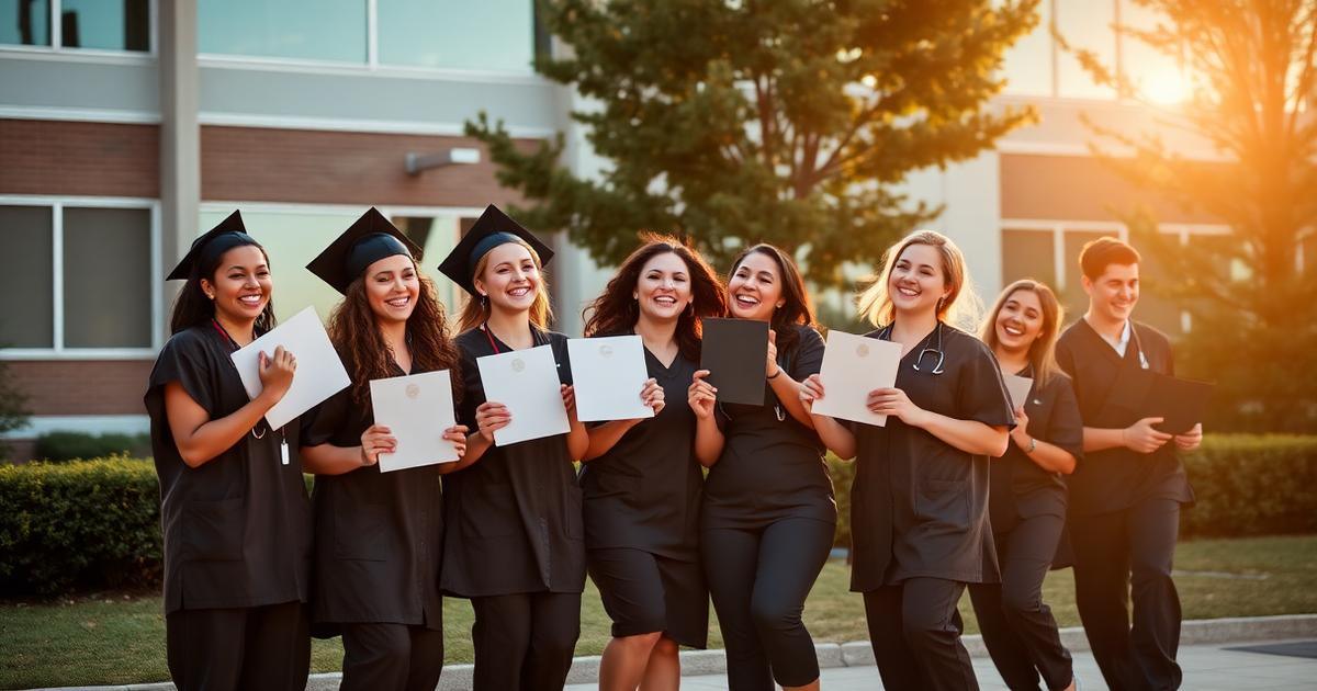 Group of new graduate nurses celebrating passing the NCLEX-RN outside their school