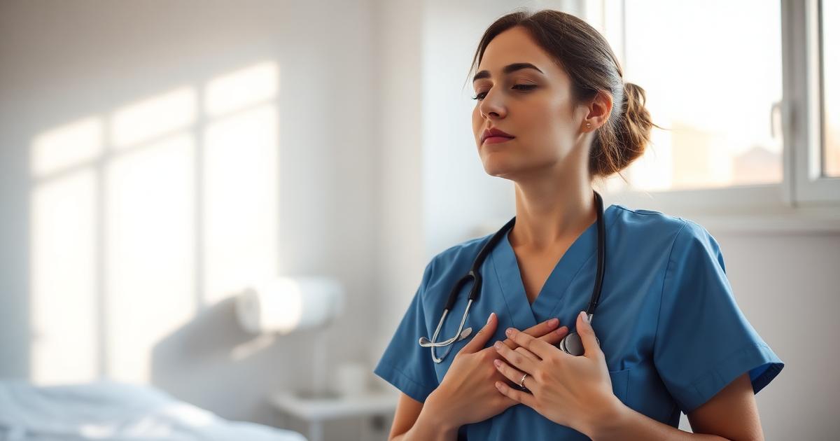 Calm nurse doing a breathing exercise in a bright, quiet room before her NCLEX exam